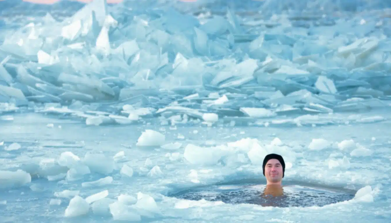Man Taking an Ice Bath in a Frozen Lake Man Taking an Ice Bath in a Frozen Lake