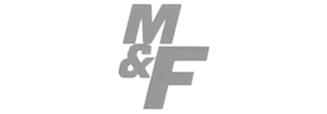 M&F Logo in Grayscale Gray "M&F" logo on a light background