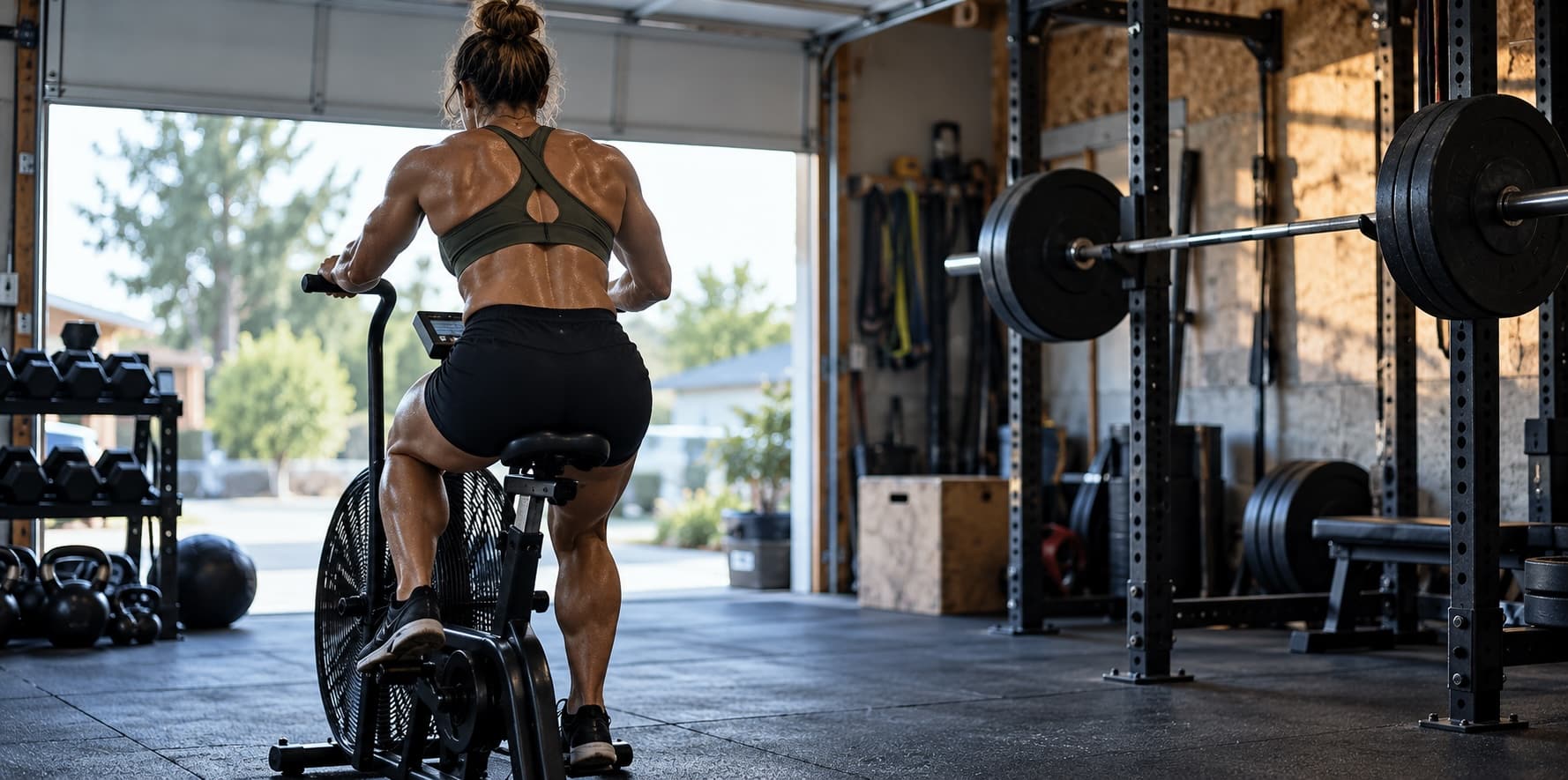 Cardio Strength athlete rides an air bike beside a squat rack in a garage gym