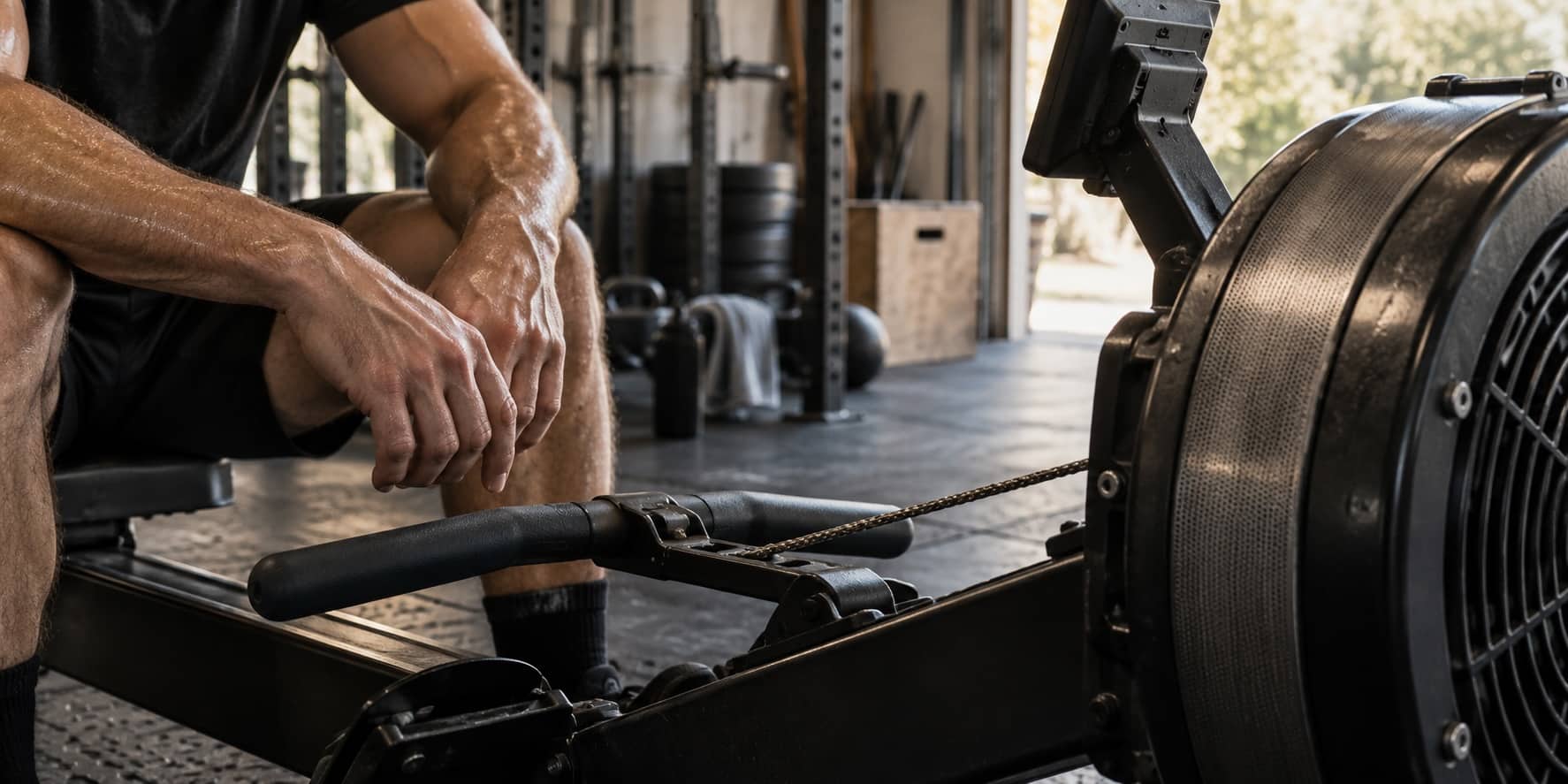 Athlete rests beside a rowing machine between intervals in a garage gym