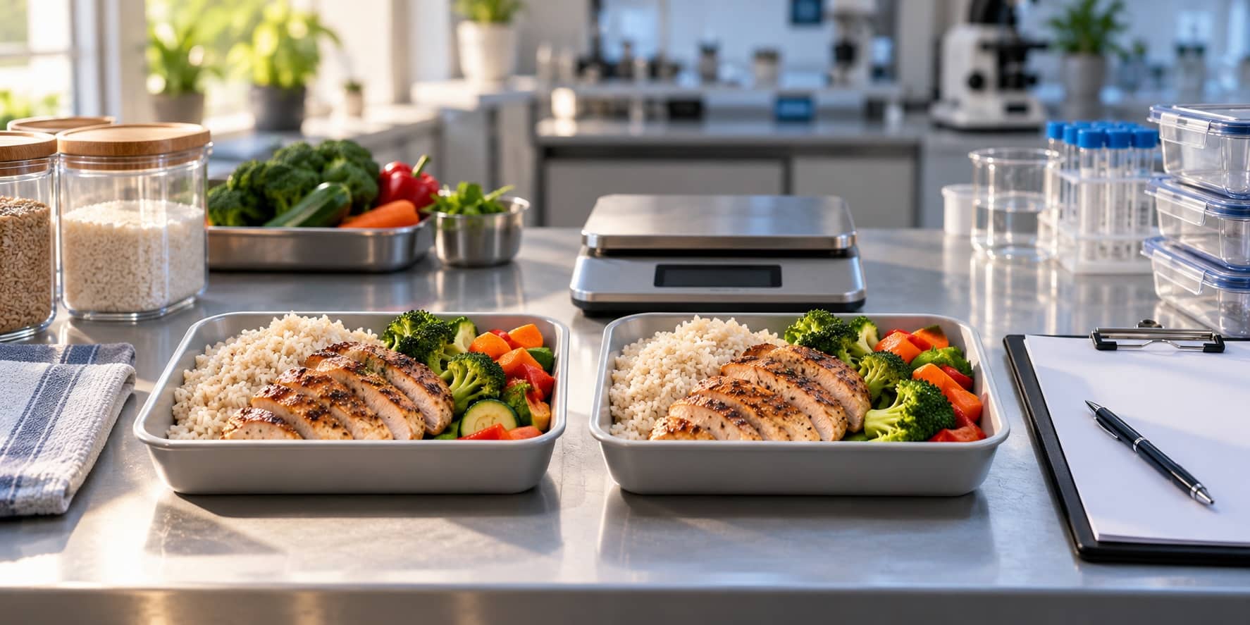 Two matching meal trays beside a food scale and clipboard in a nutrition research setting