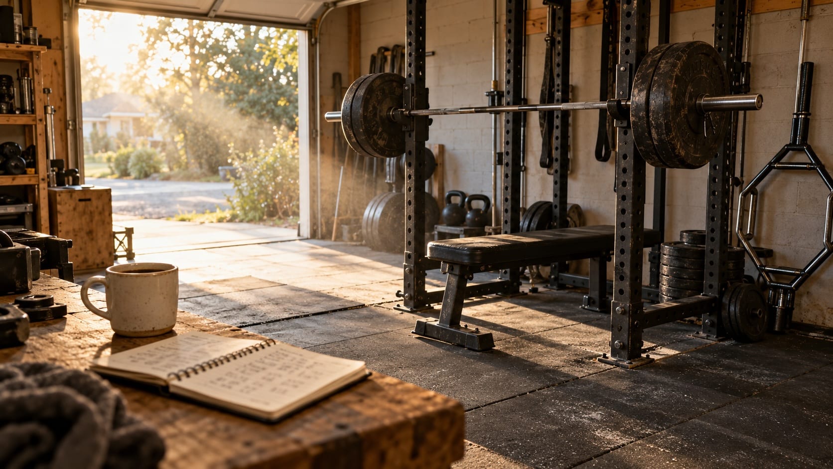 Sunlit garage gym with a worn power rack, barbell, flat bench and trap bar, with a training notebook and coffee mug in the foreground.