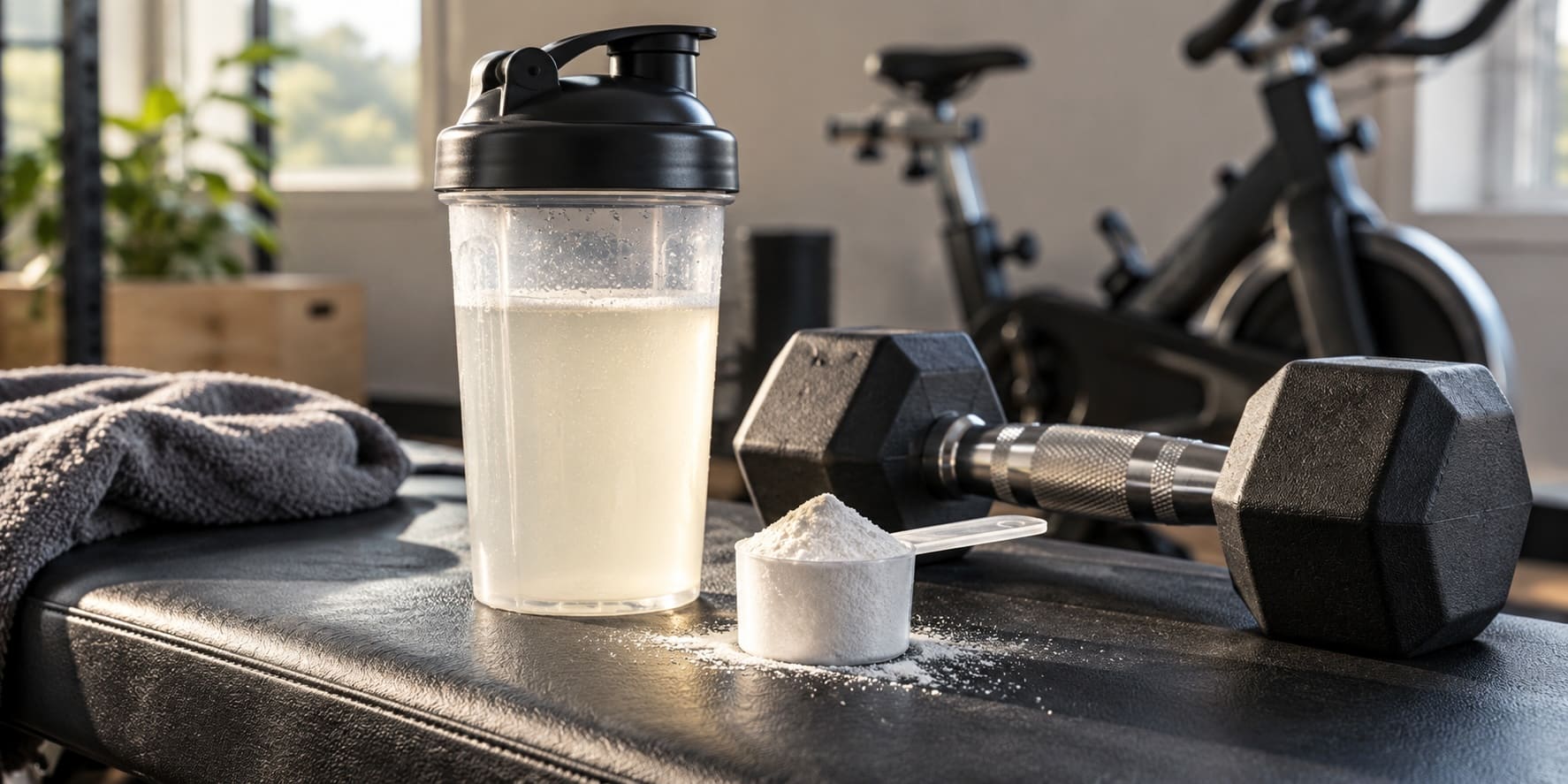 Shaker bottle and amino acid powder beside a dumbbell, with an exercise bike in the background