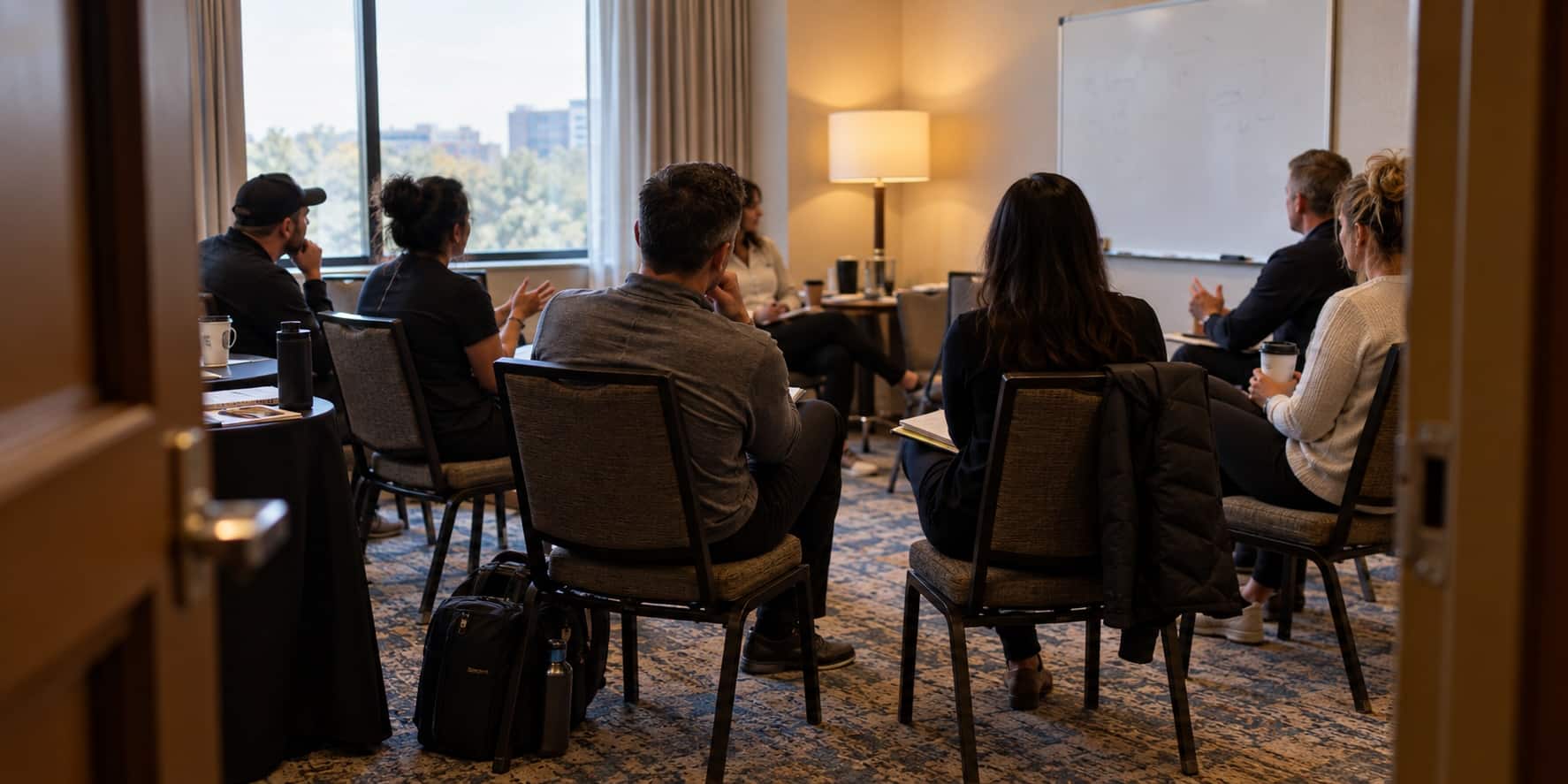 Fitness professionals discuss coaching in a small conference room
