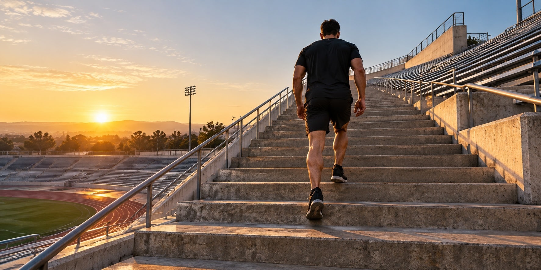 Grinding Gary Athlete climbs stadium stairs at sunrise during a conditioning session