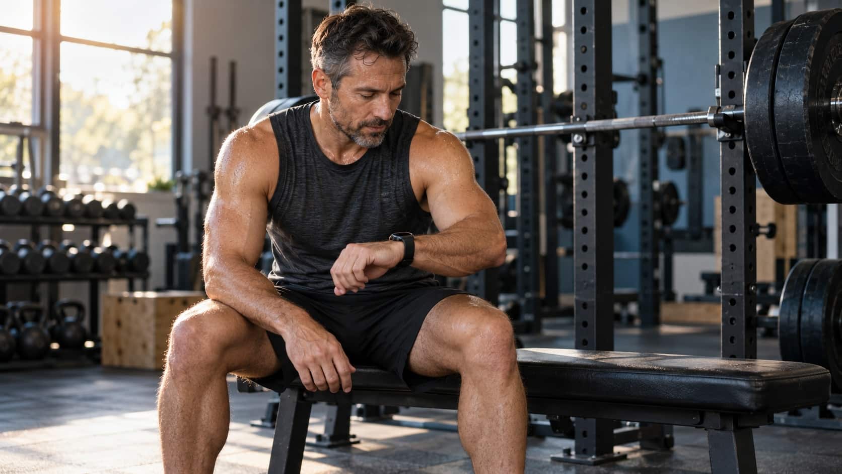 Man checking his sports watch while resting on a weight bench between strength-training sets beside a squat rack.