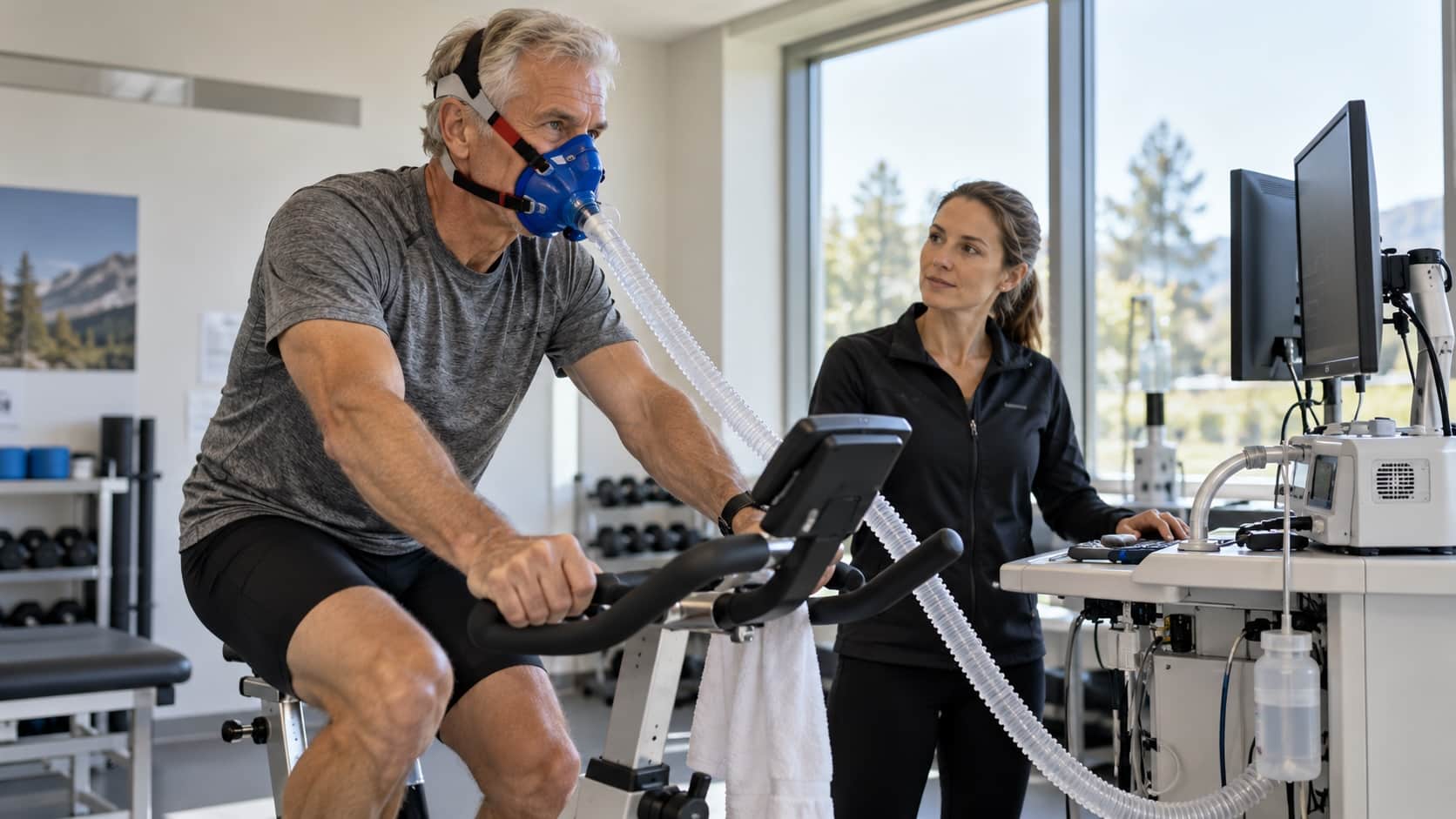 Older adult wearing a metabolic testing mask while cycling during a VO₂ max assessment with a technician nearby.