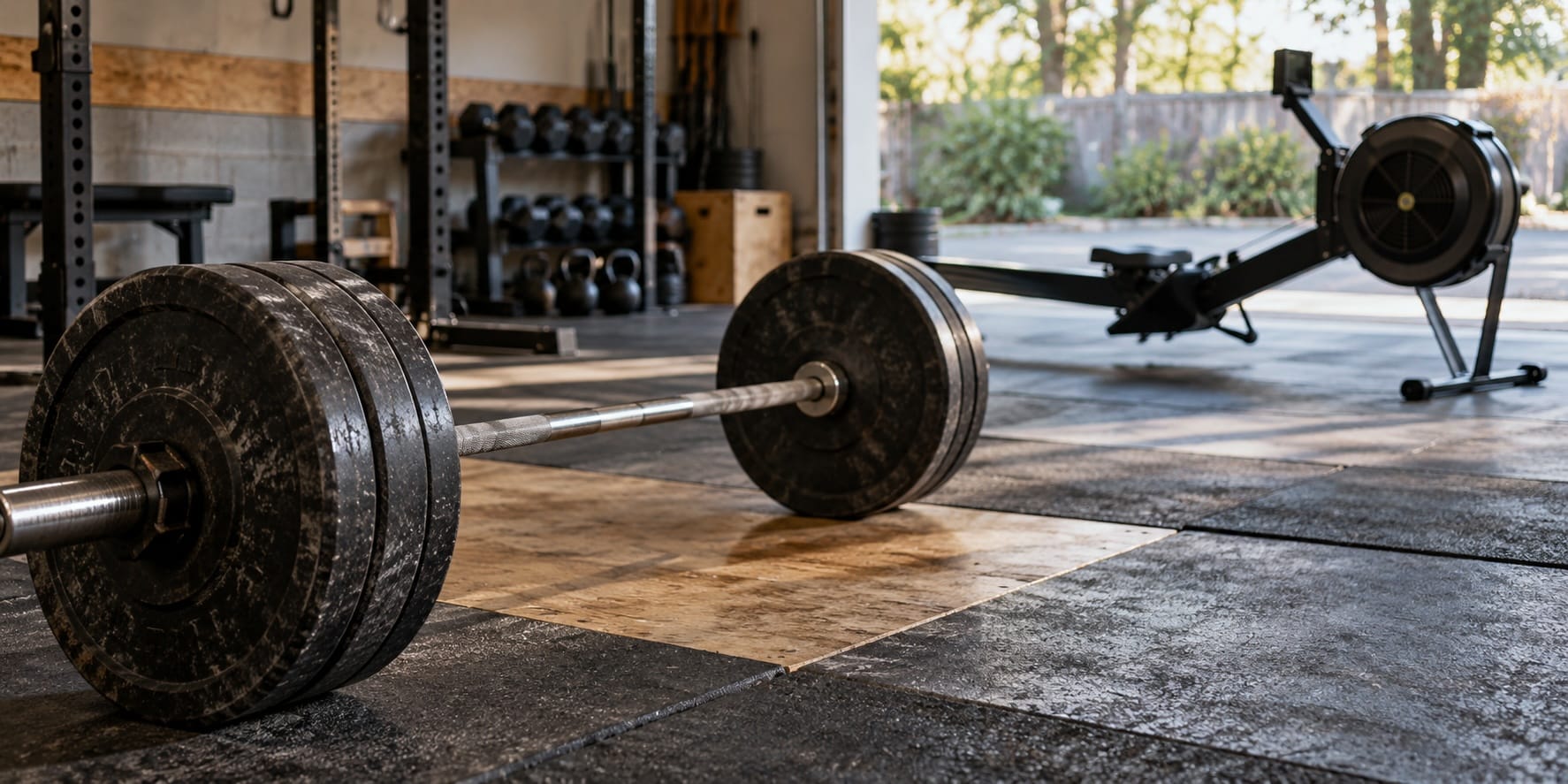 Loaded barbell on a lifting platform with a rowing machine in the background