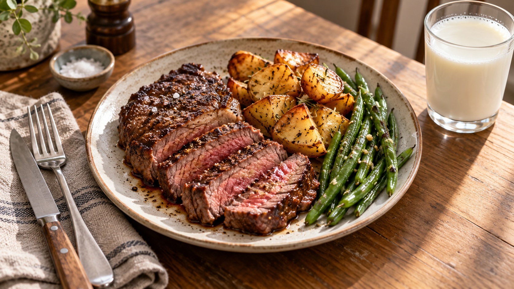Sliced steak with roasted potatoes and green beans beside a glass of milk