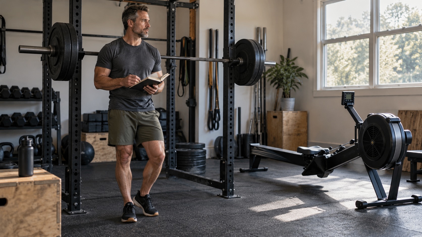 Middle-aged lifter holding a training notebook beside a squat rack and rowing machine