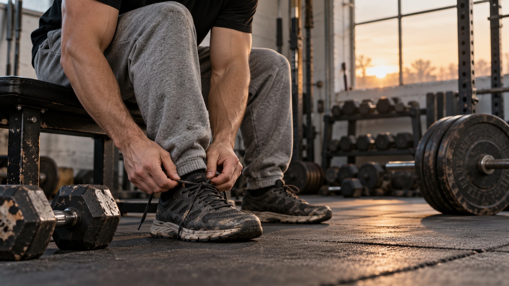 Lifter in gray sweatpants tying training shoes on a gym bench beside worn dumbbells and a barbell.