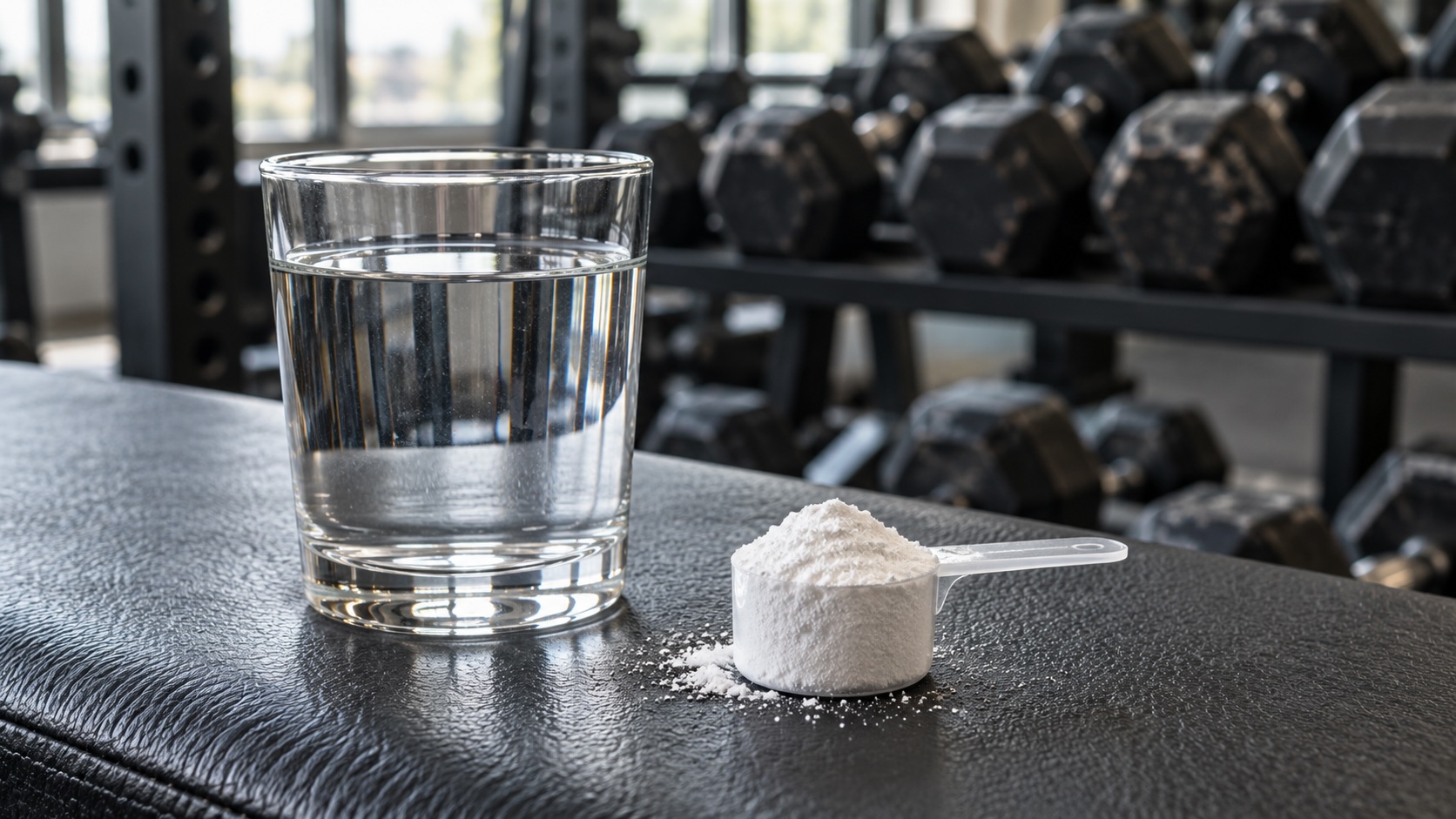Scoop of white supplement powder beside a glass of water on a gym bench, with dumbbells in the background.